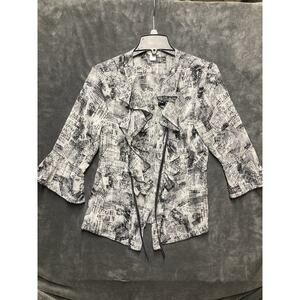 Christopher Banks Open Front Blouse Woman M Newspaper Print Sheer Artsy Whimsica